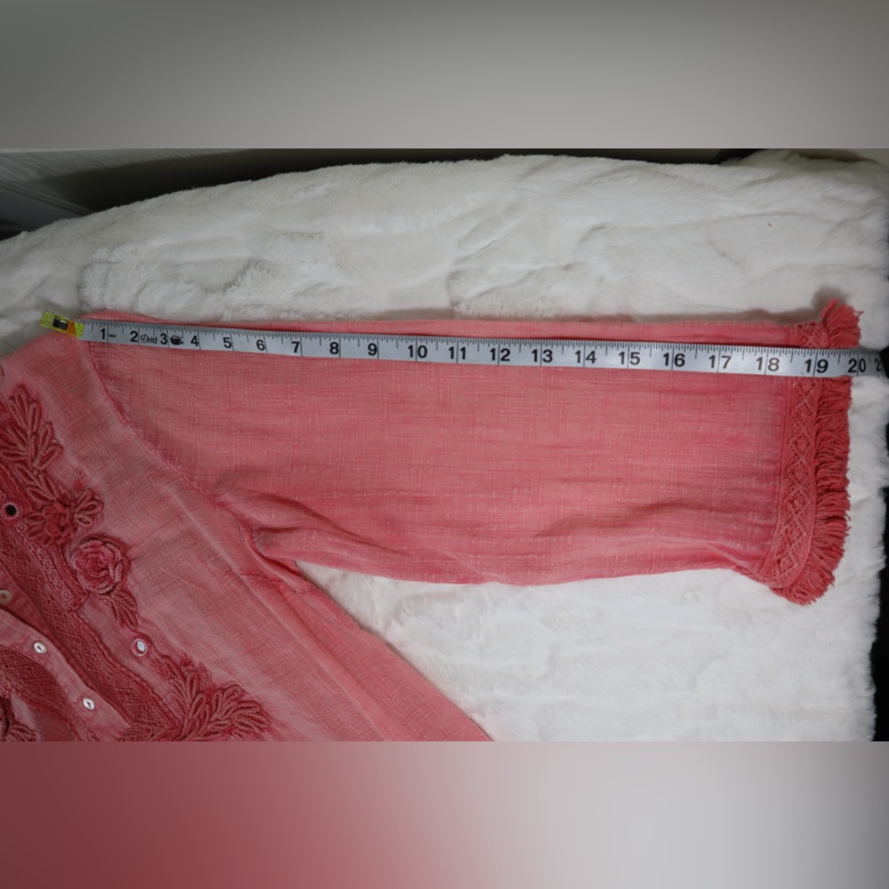Soft Surroundings Coral Pink Embroidered Boho Tunic Top Mirror Fringe Small - Picture 15 of 16